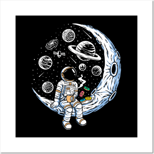 astronaut drinking coffee eating donuts Posters and Art